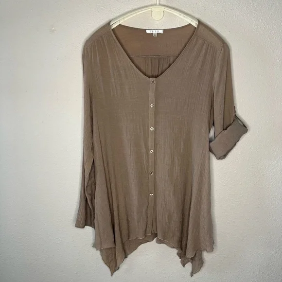 Spense Button Front Tunic Asymmetrical Shirt Lagenlook Tan Roll Tabs Women’s XL - Picture 4 of 13
